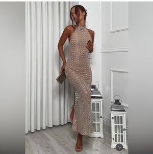 ZARA SPARKLY MESH HALTER MIDI DRESS